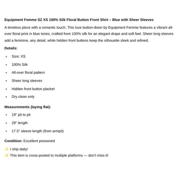 Equipment Femme SZ XS 100% Silk Floral Button Front Shirt Sheer Sleeves in Blue - Picture 7 of 7